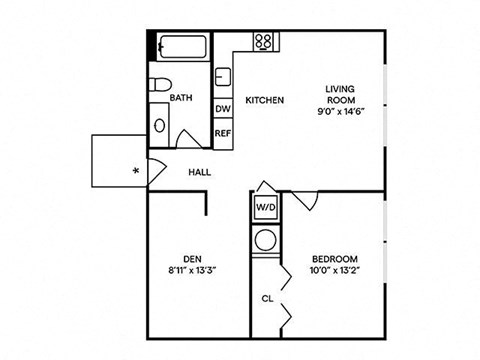 Floor plan for 1 bed, 1 bath, 795 sqft